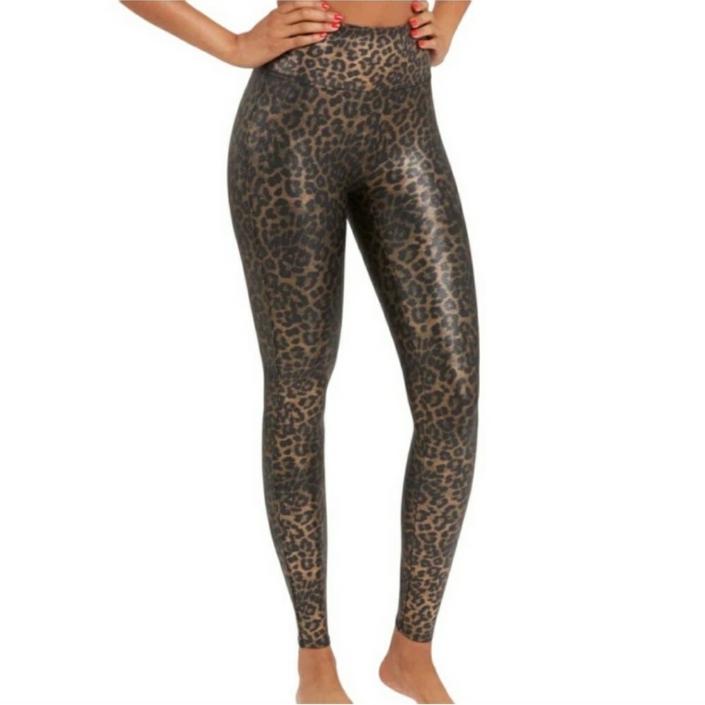 SPANX- Faux Leather Leopard Print Leggings Metallic High Rise